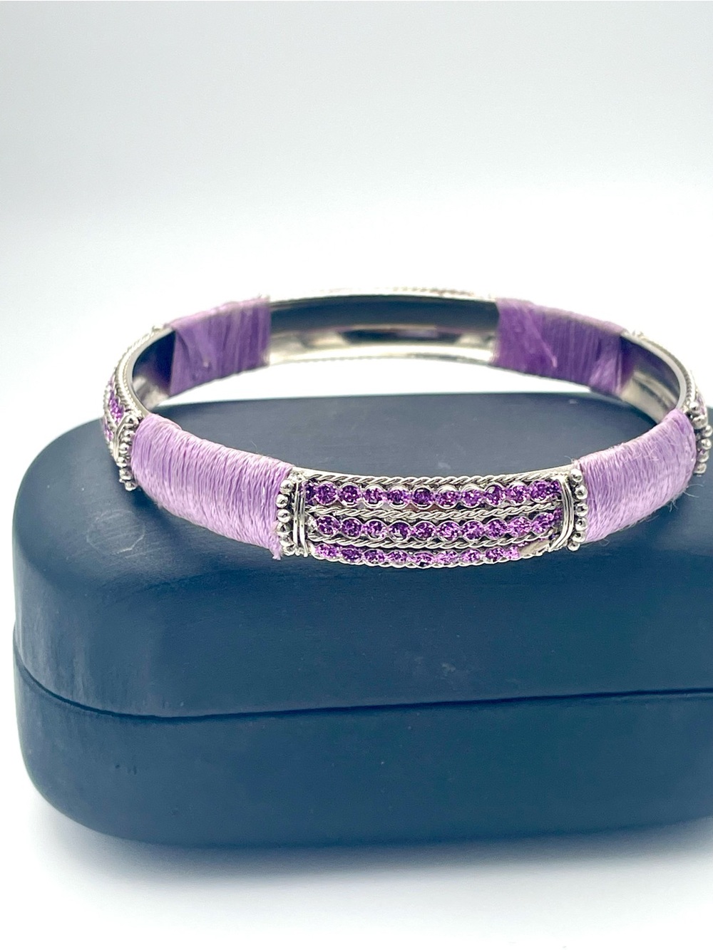 Lavender Thread Wrapped Bangle Bracelet with Crystal Accents. Size 8